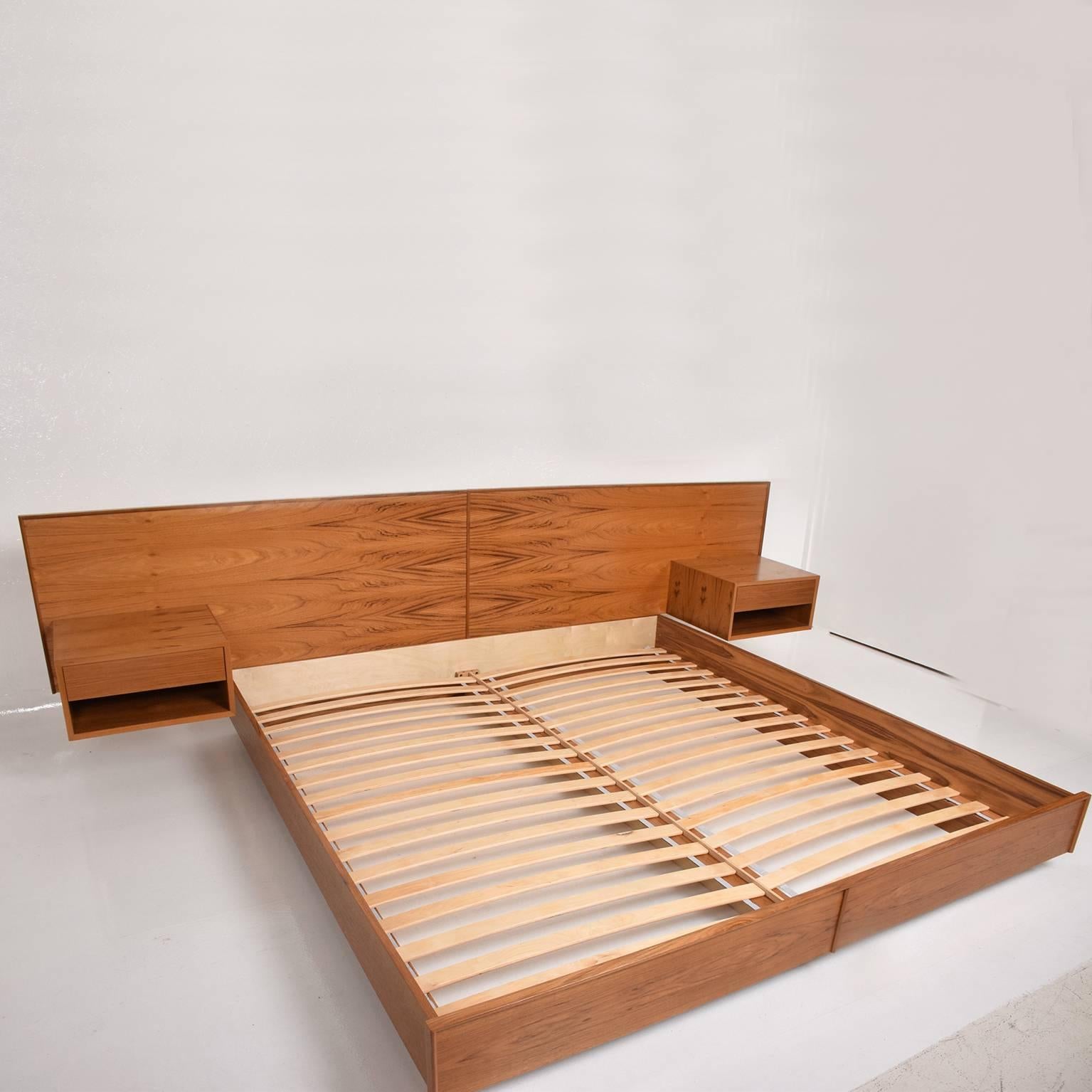teak platform bed with floating nightstands king