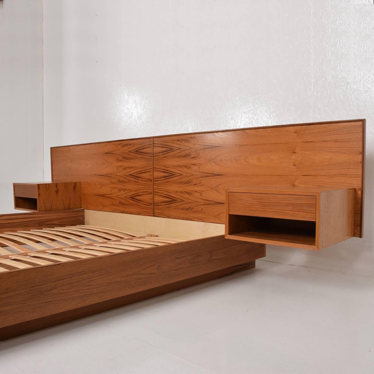 Lacquered Modern Teak King size Platform Bed with Floating Nightstands