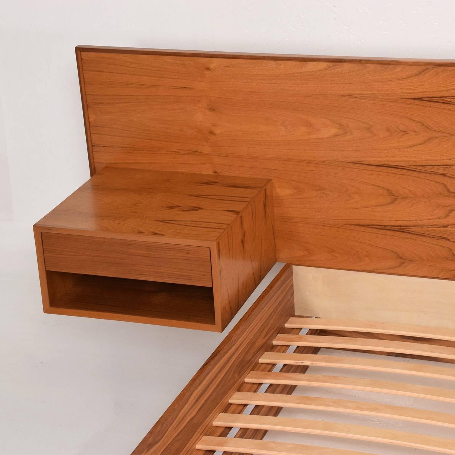 teak platform bed with floating nightstands