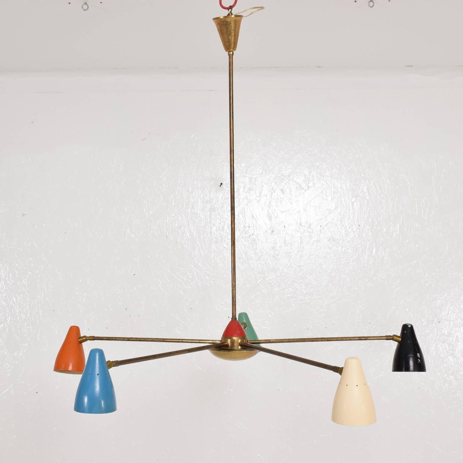 A vintage Italian chandelier with five arms and color sconces. 
Brass arms with aluminum sconces with five different colors. 
Chandelier has been rewired, however it retains the original finish and patina. No label present from the maker. Italy