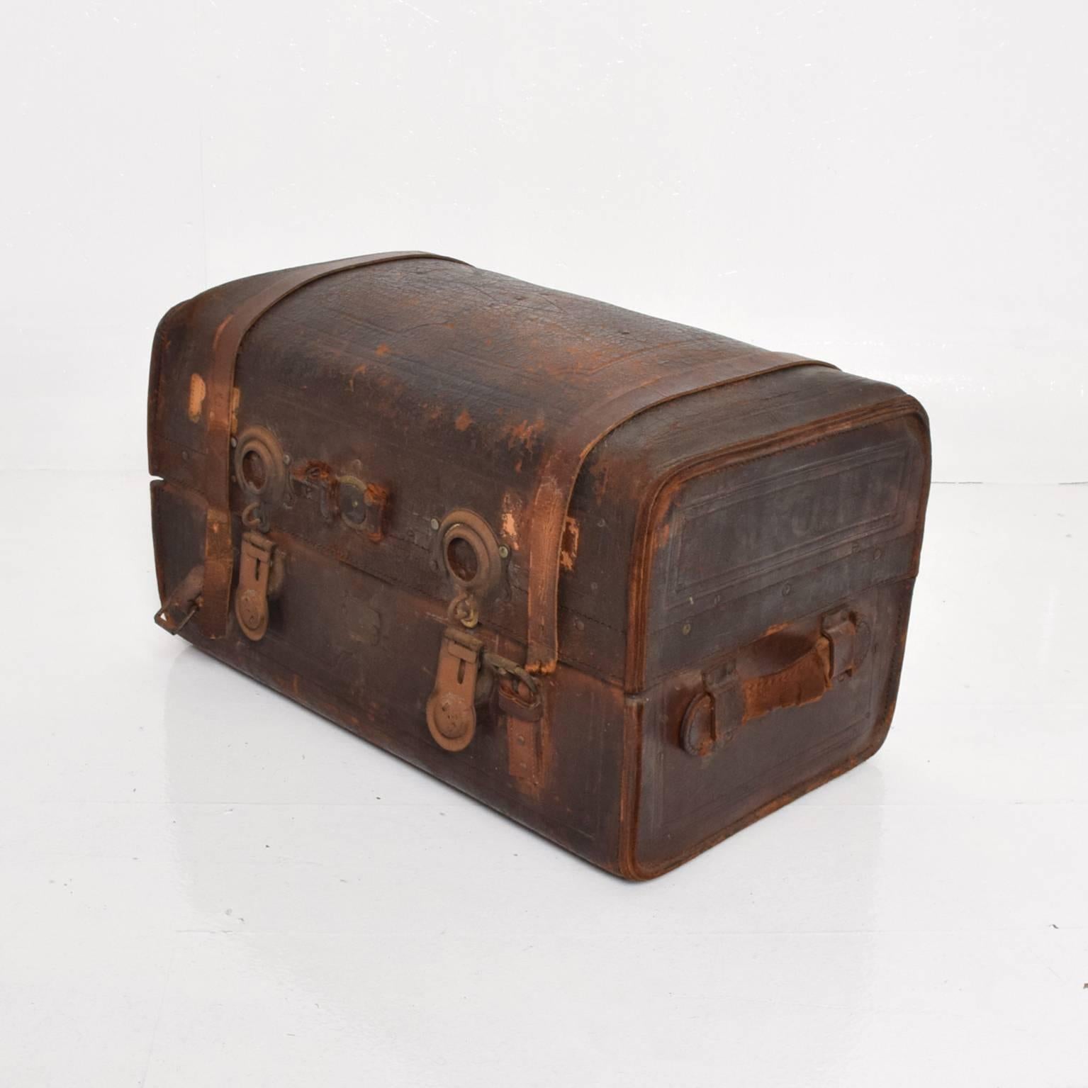 Patinated Antique Travel Leather Trunk Suitcase
