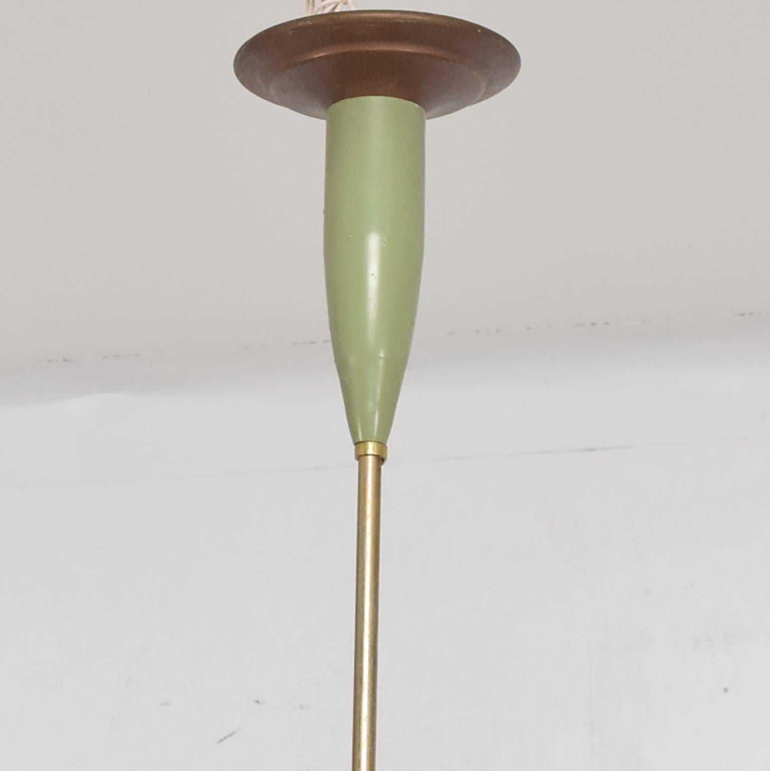 Cold-Painted Mid-Century Modern Italian Chandelier Six Arms Olive Green and Brass Sputnik Era