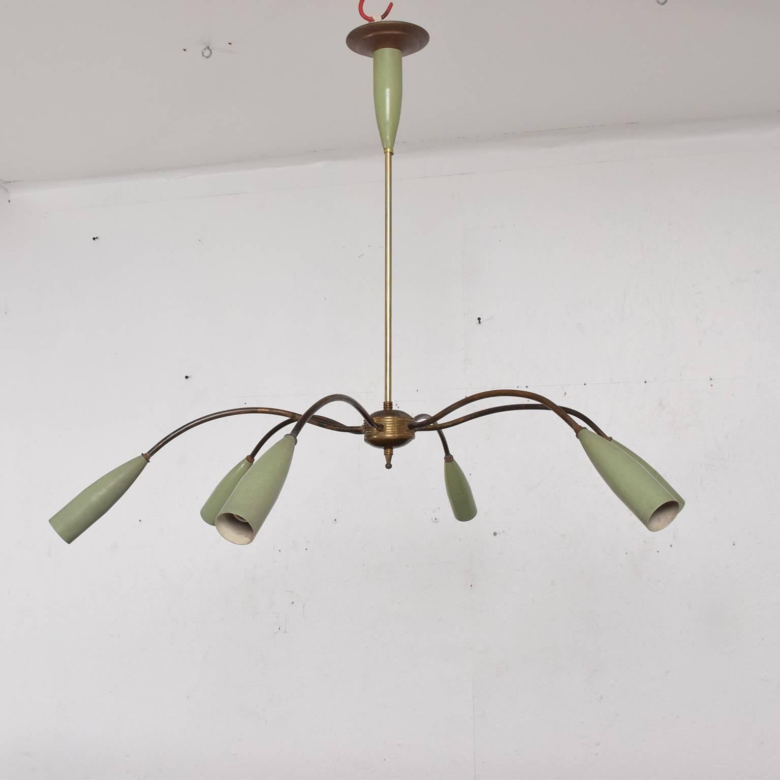 For your consideration a vintage Italian Modern chandelier with six sculptural arms. 
Made in Italy, circa 1950s.

Rewired. Original paint and patina. It requires E-14 bulbs (not included).
Dimensions: 26