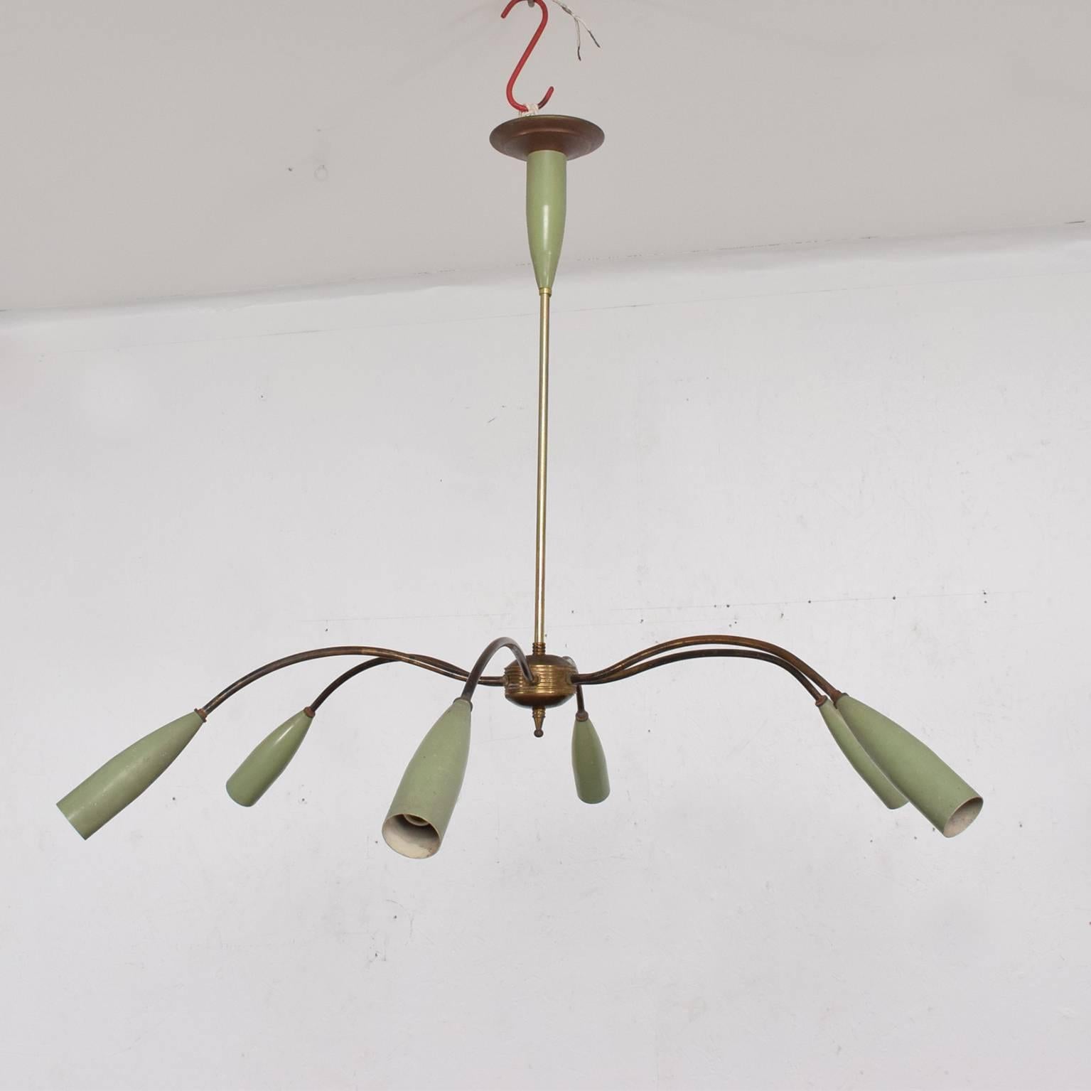 Mid-Century Modern Italian Chandelier Six Arms Olive Green and Brass Sputnik Era In Good Condition In Chula Vista, CA
