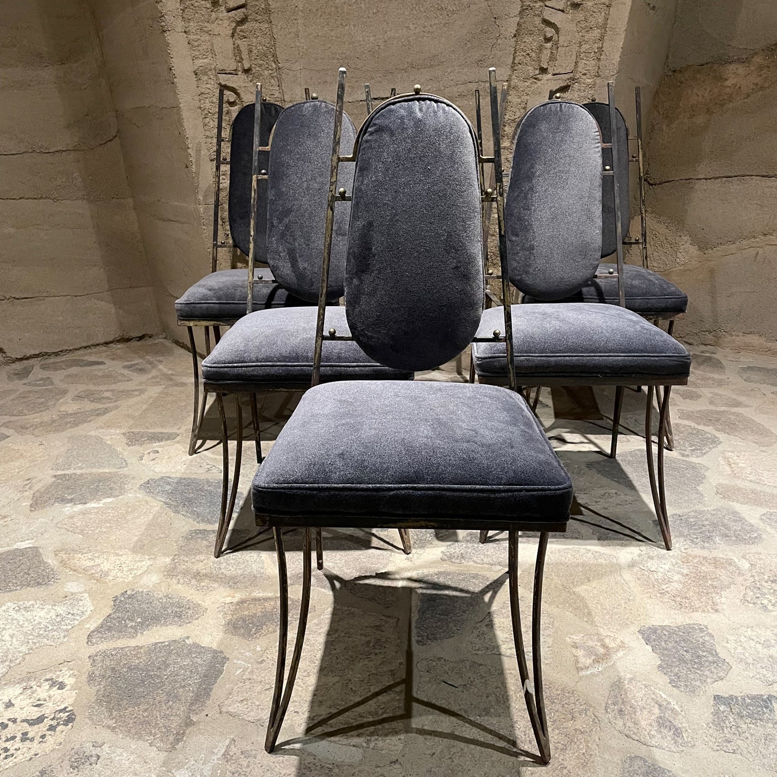 1950s Arturo Pani Sublime Dining Chairs Set of Six in Gray Velvet Mexico City 