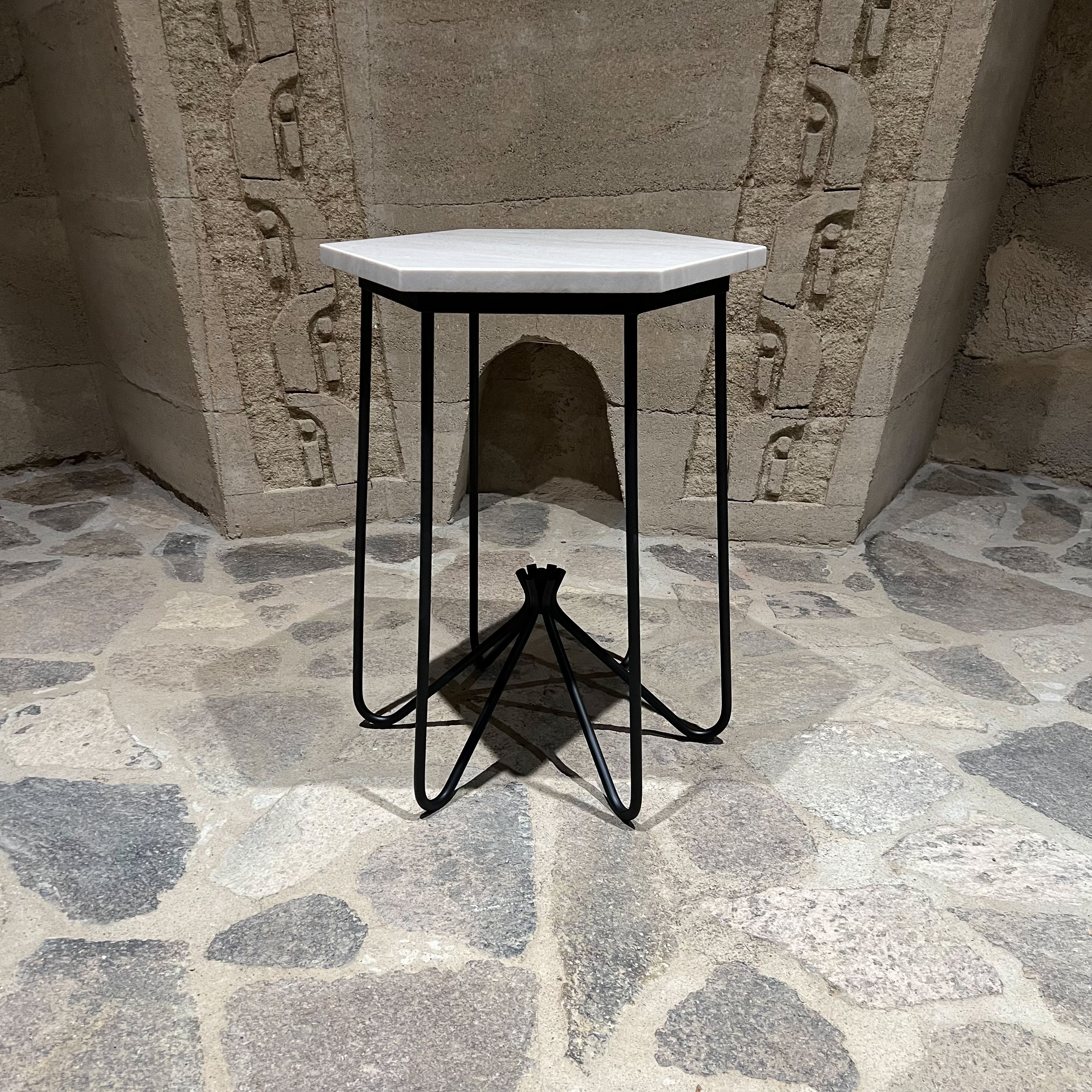 1960s French Side Table Hexagonal Stone Black Iron For Sale
