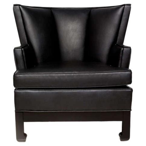 1960s James Mont Inspired Comfy Lounge Armchair Black Leather Wingback
