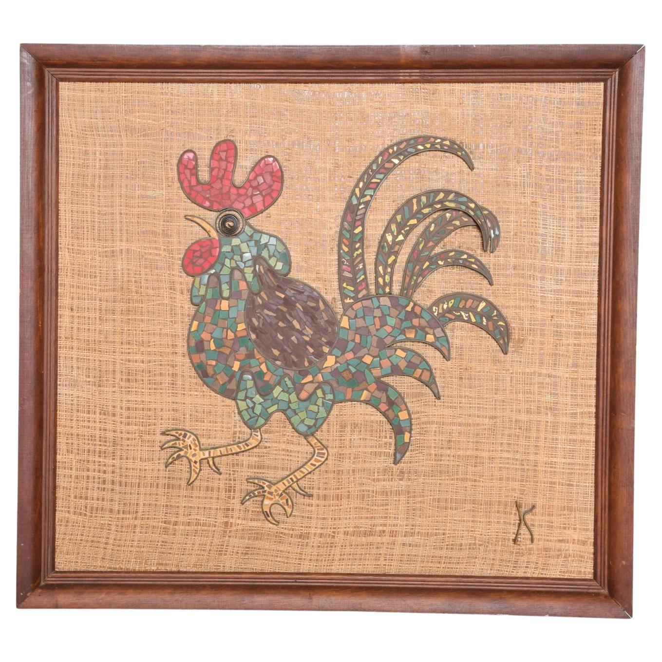 Mid-Century Modern Rooster Mosaic Wall Art, Mixed-Media, Bronze Tiles by K
