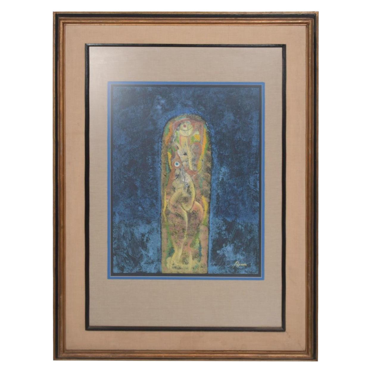 1980s Byron Galvez Art Blue Abstract Mixed Media Painting