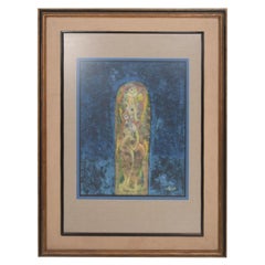Peinture abstraite technique mixte bleue de Byron Galvez des années 1980
