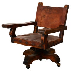 Spanish Colonial Mexican Mahogany Leather Office Rolling Chair Francisco Artigas