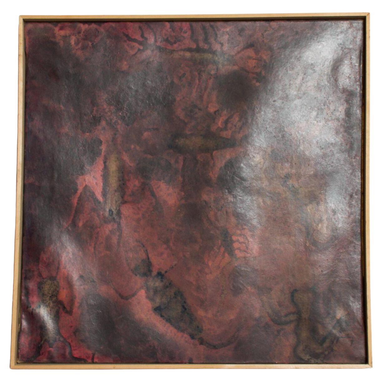 1980 Sergio Hernández Mixed Media Art abstrait Huile sur parchemin de peau de chèvre 