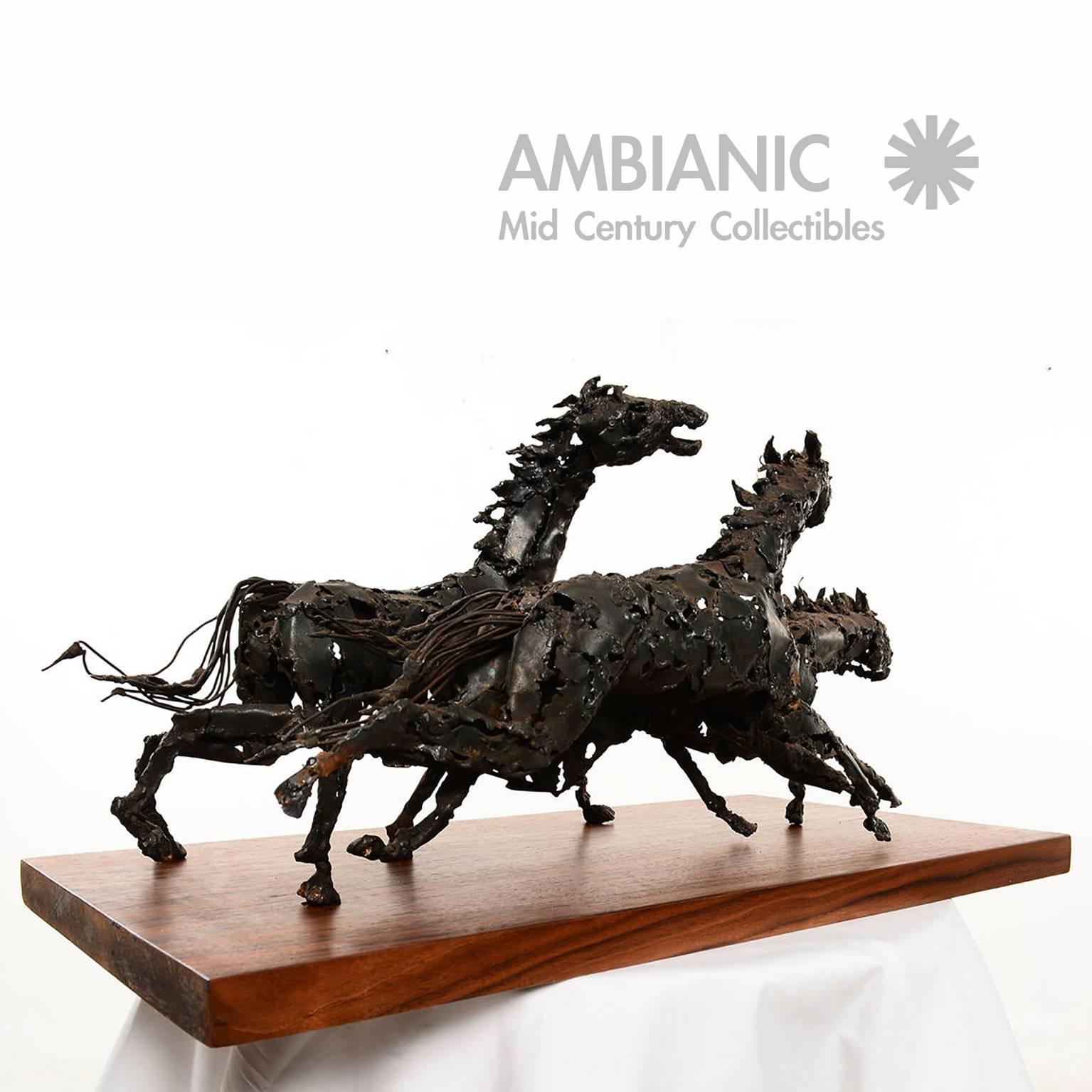 Metal Brutalist Running Horses Sculpture