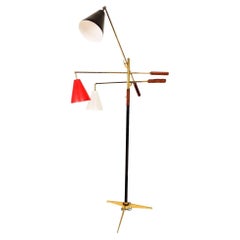  Early Triennale Tripod Floor Brass Lamp Brown Leather Italy 1950s Gino Sarfatti