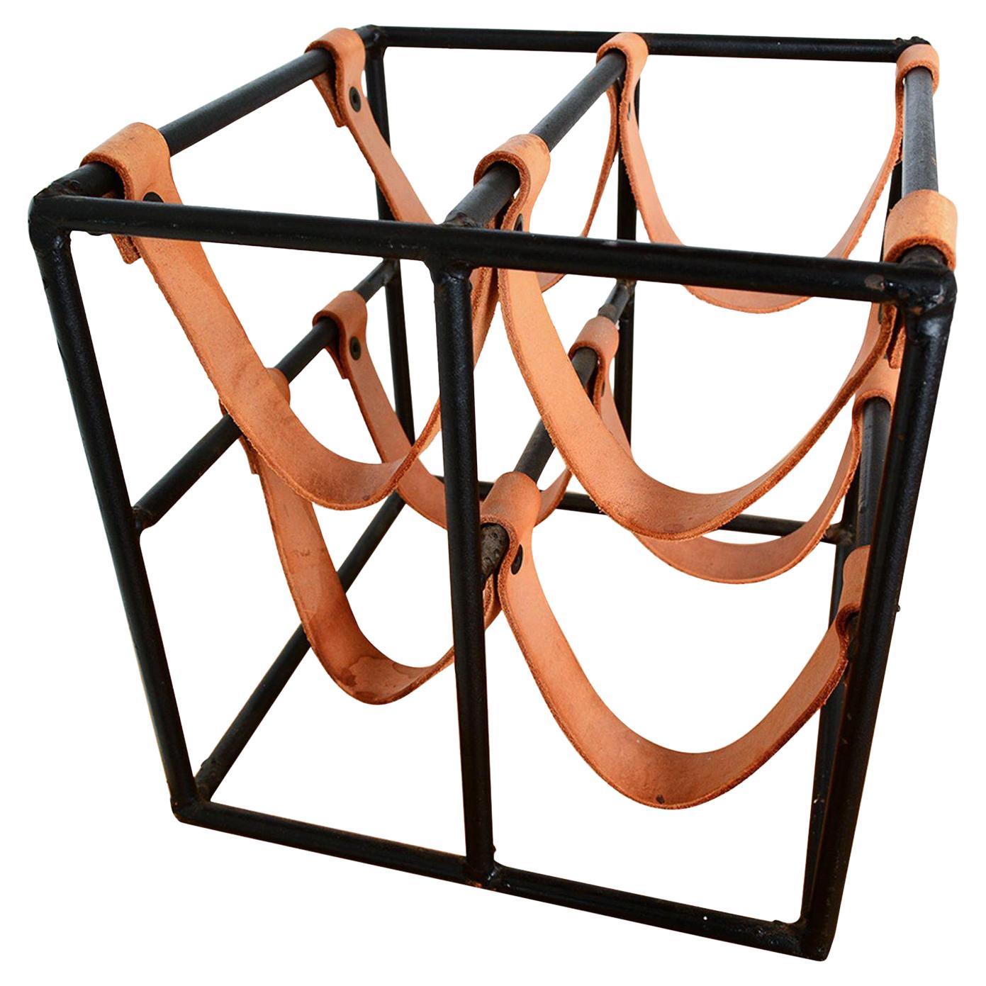 Arthur Umanoff Four Bottle Wine Rack 1960s Saddle Leather Strap Black Iron