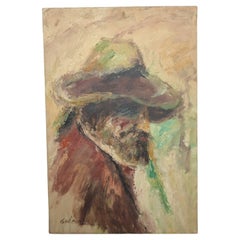 Vintage 1970s Impressionist Elmo Gideon Original Oil on Canvas Painting Man w/ Hat