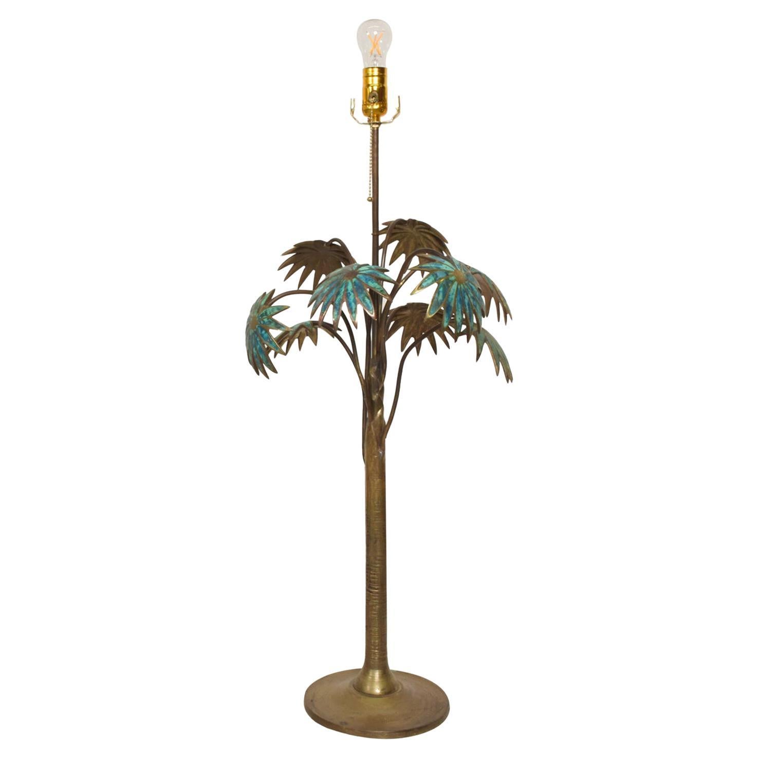 1950s Pepe Mendoza Palm Tree Tall Table Lamp Bronze & Malachite Mexico For Sale