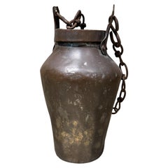 Antique Hand-Hammered Copper Vessel with Brass Chain, 19th Century