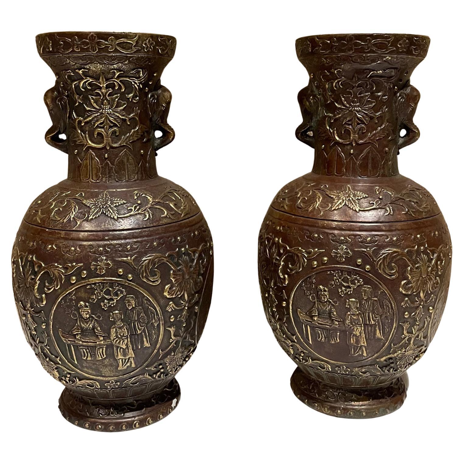 Pair Japanese Cloisonne Urns in Bronze Figural Relief Meiji Period JAPAN