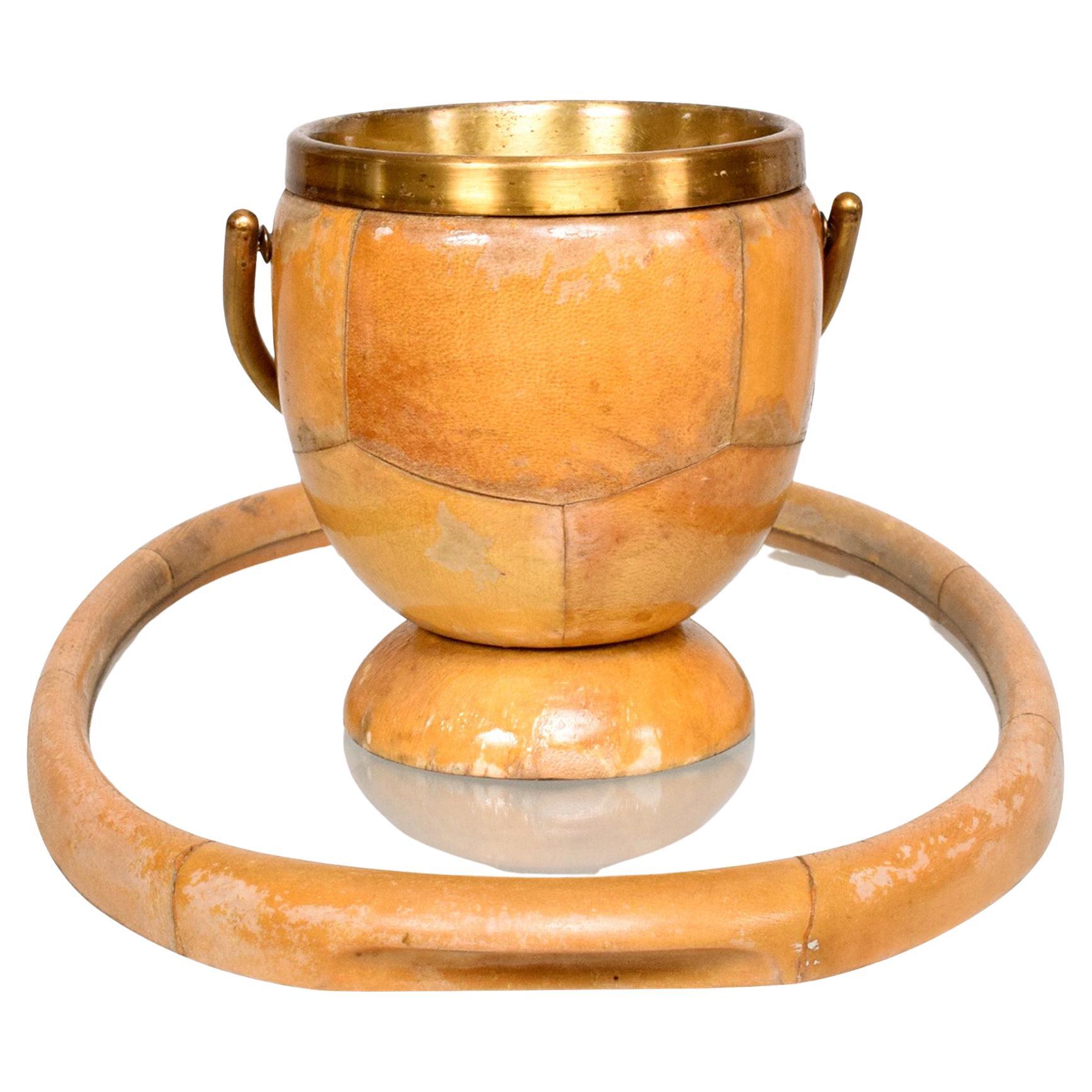 Aldo Tura Barware Set Ice Bucket and Serving Tray Goatskin and Brass 1950s Italy