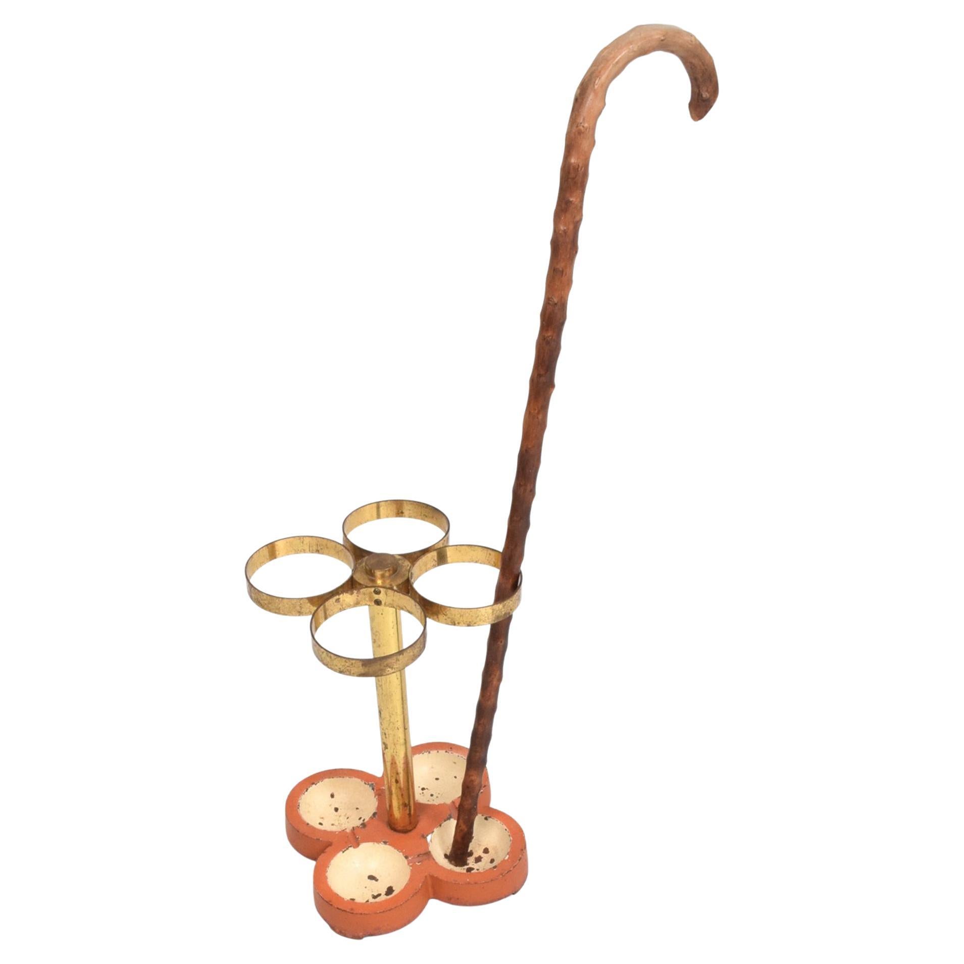 AMBIANIC presents
Vintage Brass Cast Iron Umbrella Stand Cane Holder
similar to Hermes Paris Style 1960s.
Bauhaus Modernist design from Germany.
Wear consistent with age and use. 
Original unrestored vintage preowned condition.
Expect vintage