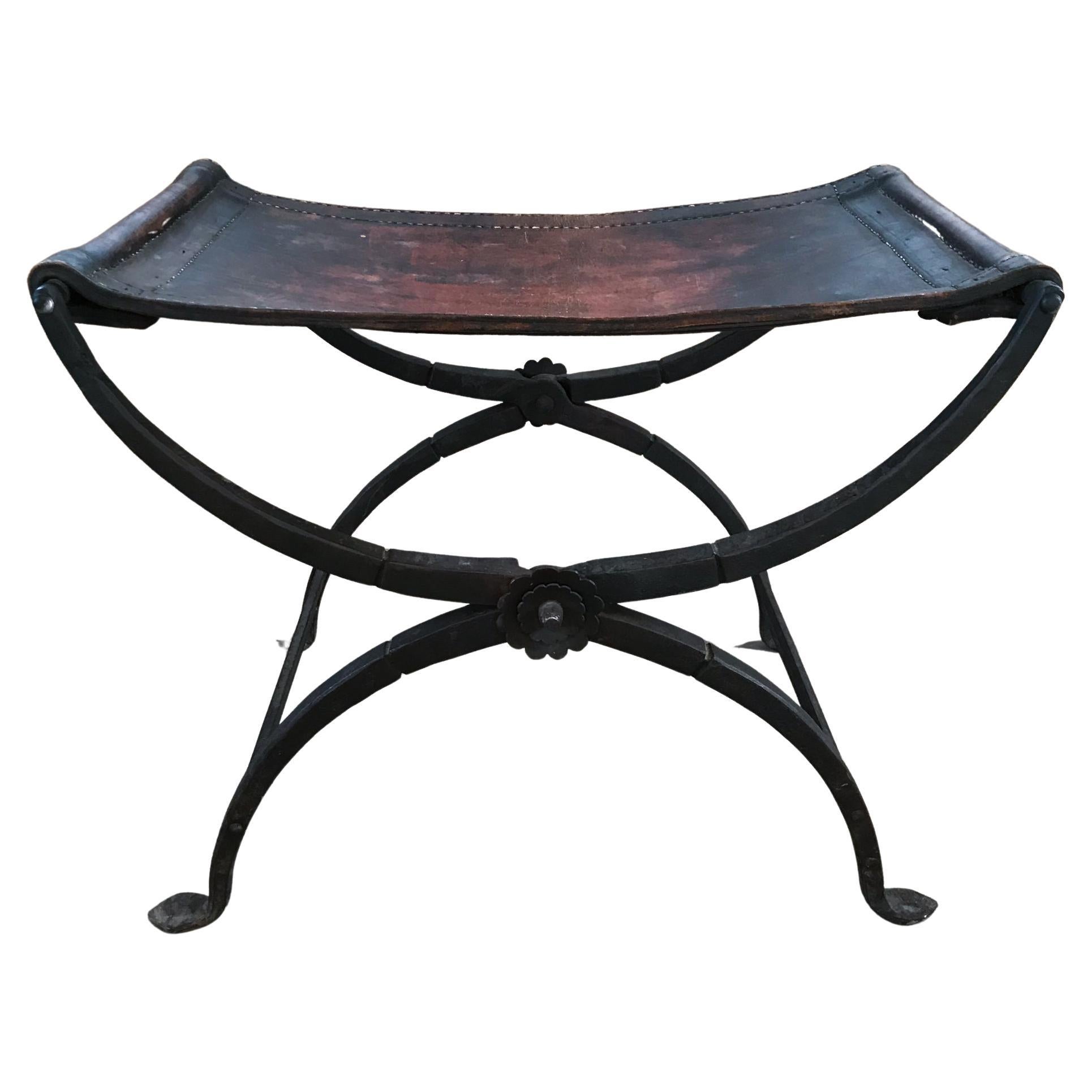 1930s French Renaissance Hand Forged Iron Saddle Leather Curule Stool France