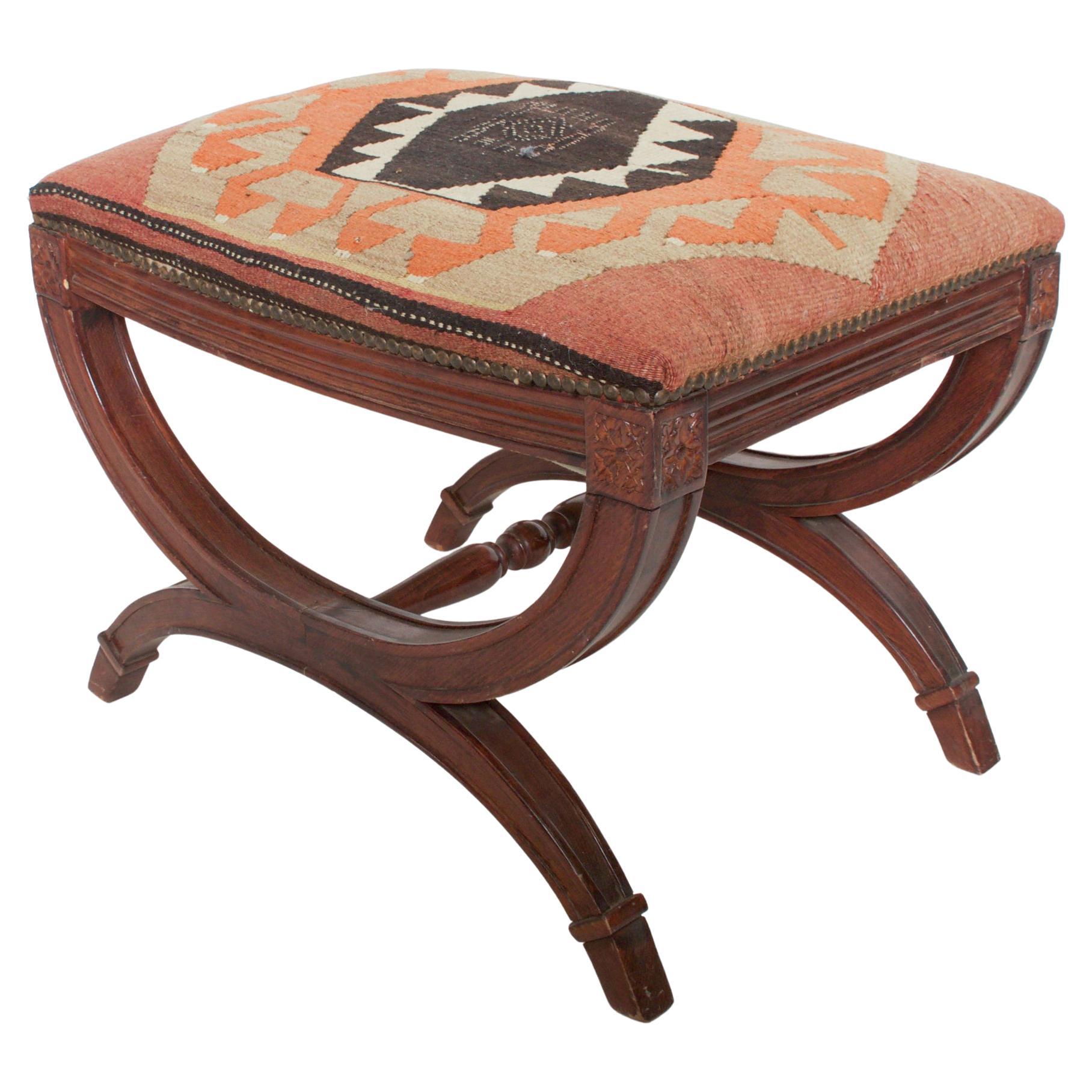 Mid-Century Modern Vintage Kilim Curule Stool Carved Wood with Brass Nailhead Accent 1960s