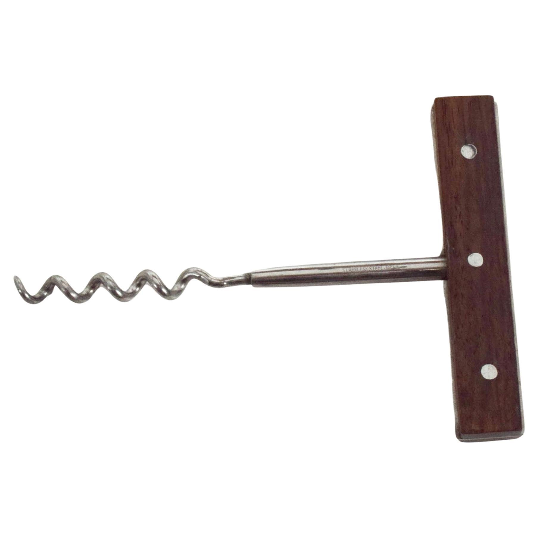 1960s Japanese Wine Bottle Corkscrew Opener in Rosewood and Stainless Steel