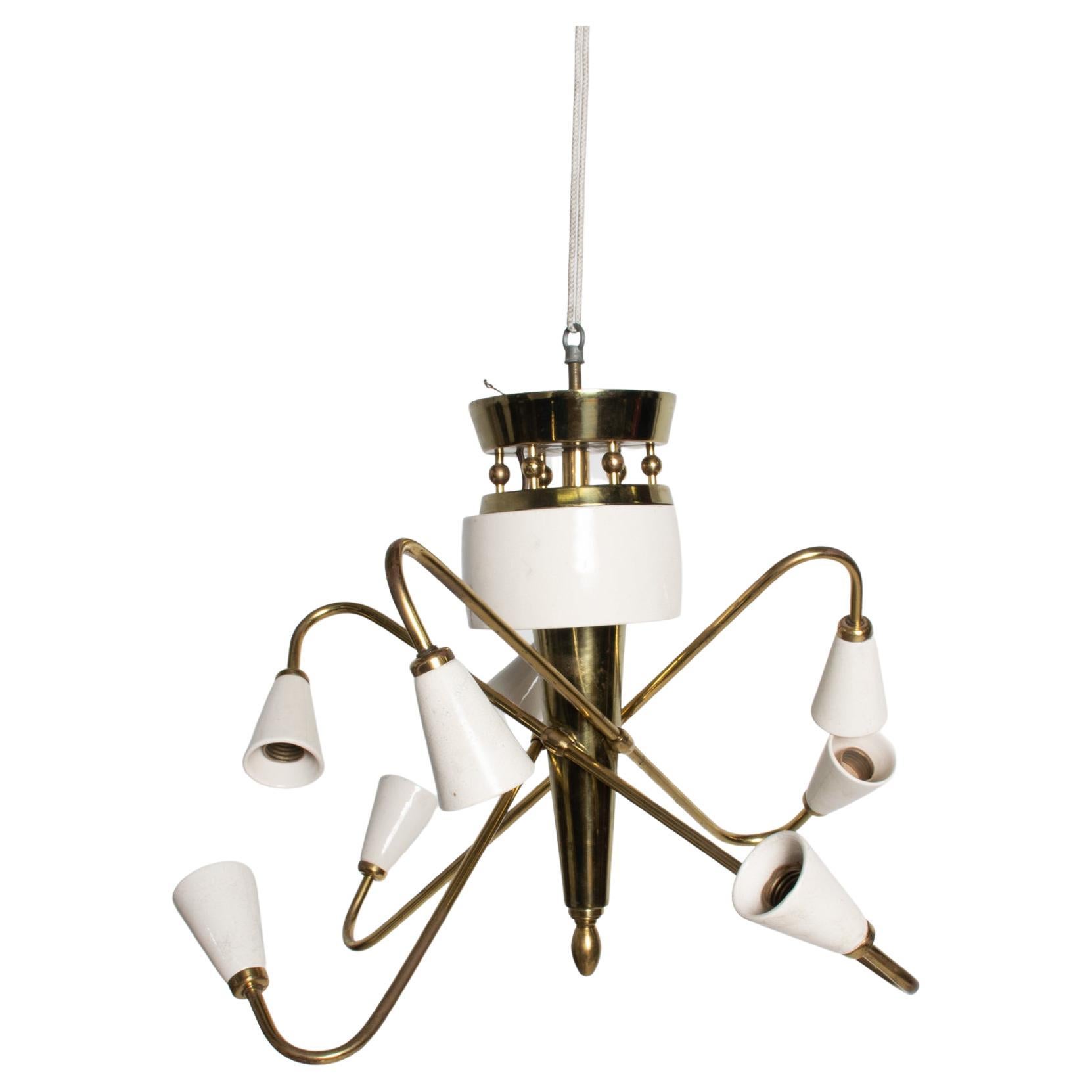 Angular Brass Chandelier White Ceramic Shades Arturo Pani 1970s Modern Mexico