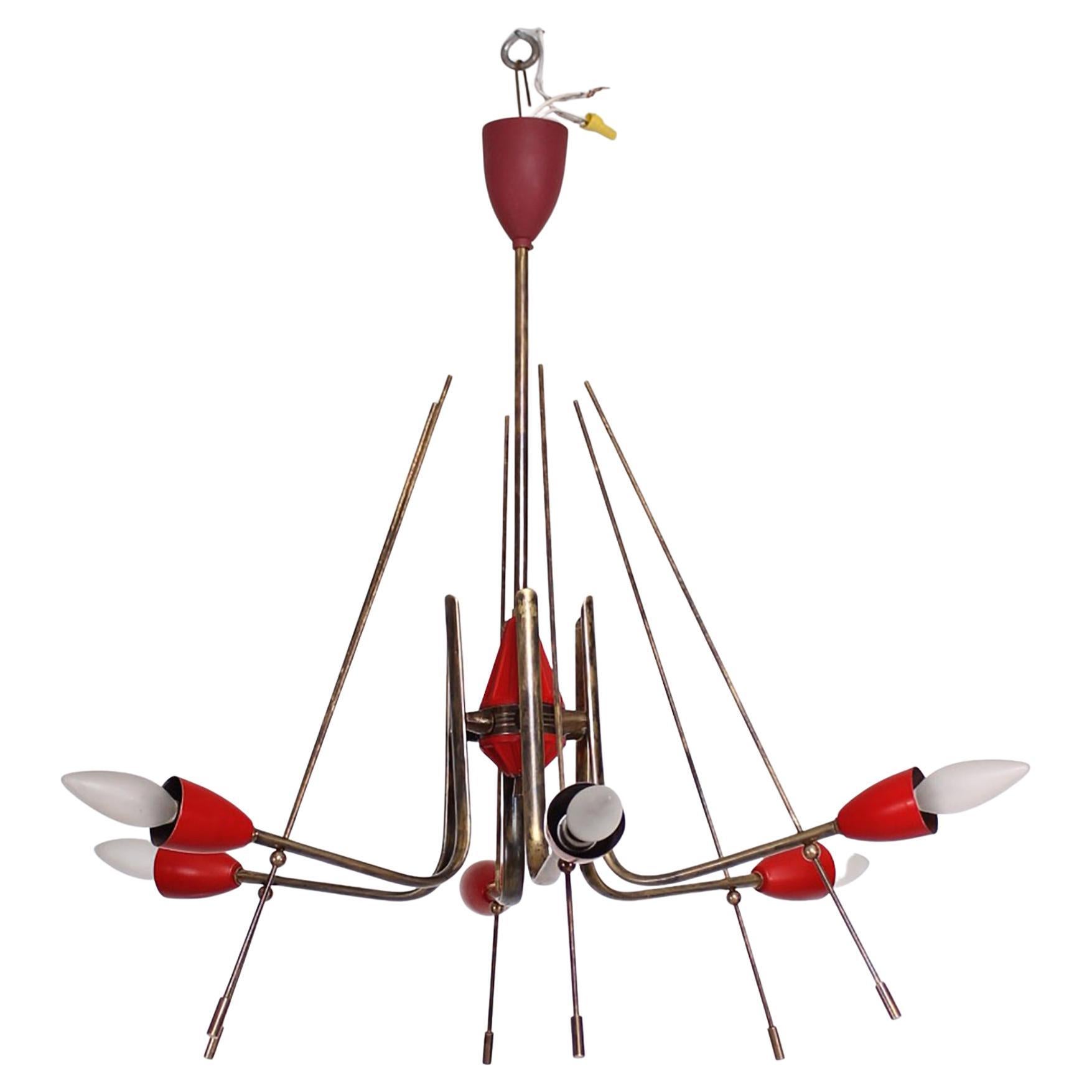 STILNOVO Atomic Futuristic Solid Brass Chandelier Painted Red Italy 1950s