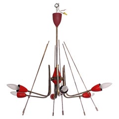 STILNOVO Atomic Futuristic Solid Brass Chandelier Painted Red Italy 1950s