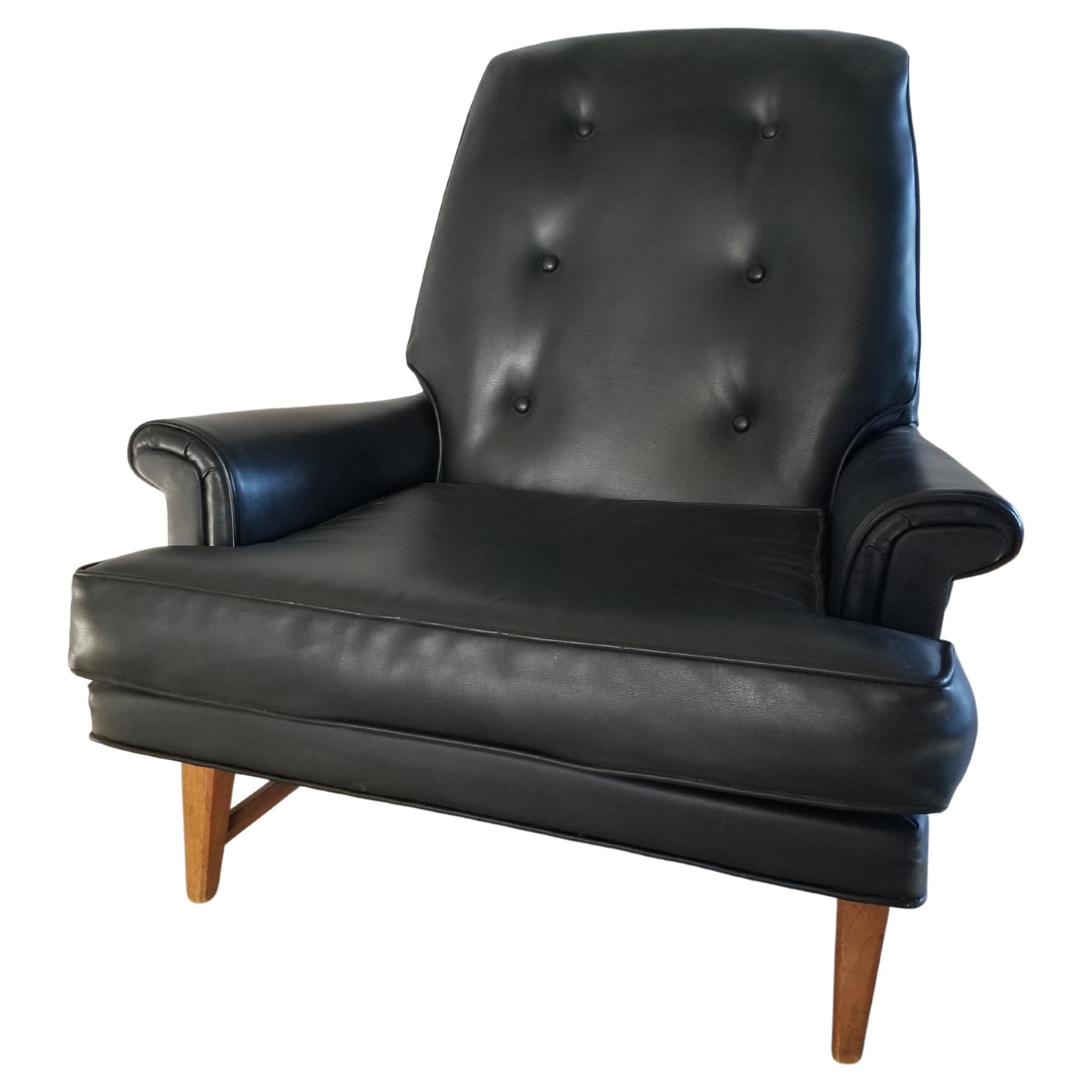 1950s Heritage Wormley Dunbar Black Faux Leather Mahogany Lounge Chair For Sale