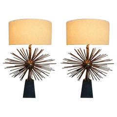 Vintage Spectacular Bronze Starburst Table Lamps by Arturo Pani 1950s Mexican Modernism