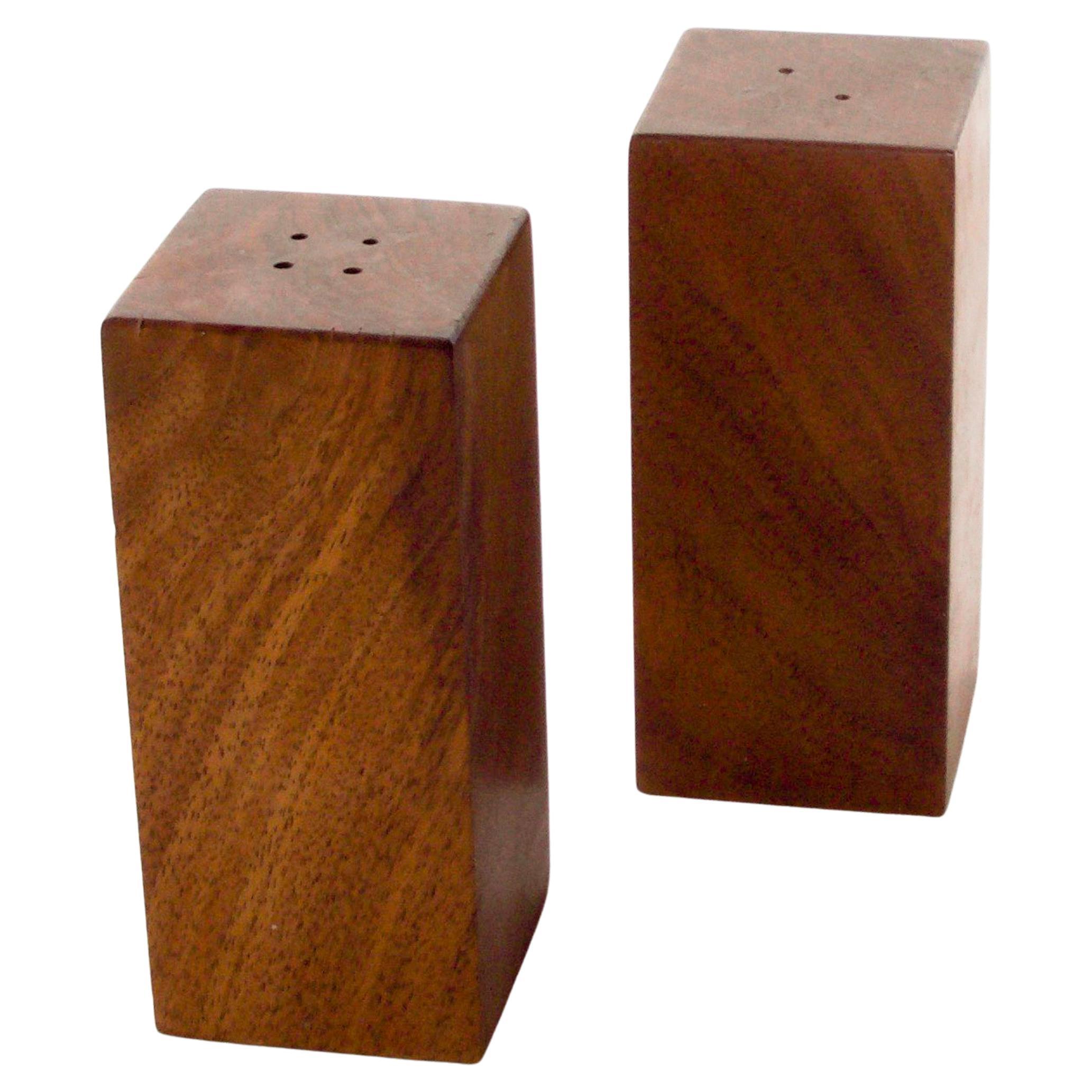 1970s Modernist Salt Pepper Shaker Set Cube Block Walnut Wood 
