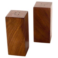 Vintage 1970s Modernist Salt Pepper Shaker Set Cube Block Walnut Wood 