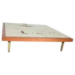 Frank Kyle Low Profile Coffee Table Travertine Mahogany Brass Hip 1960s