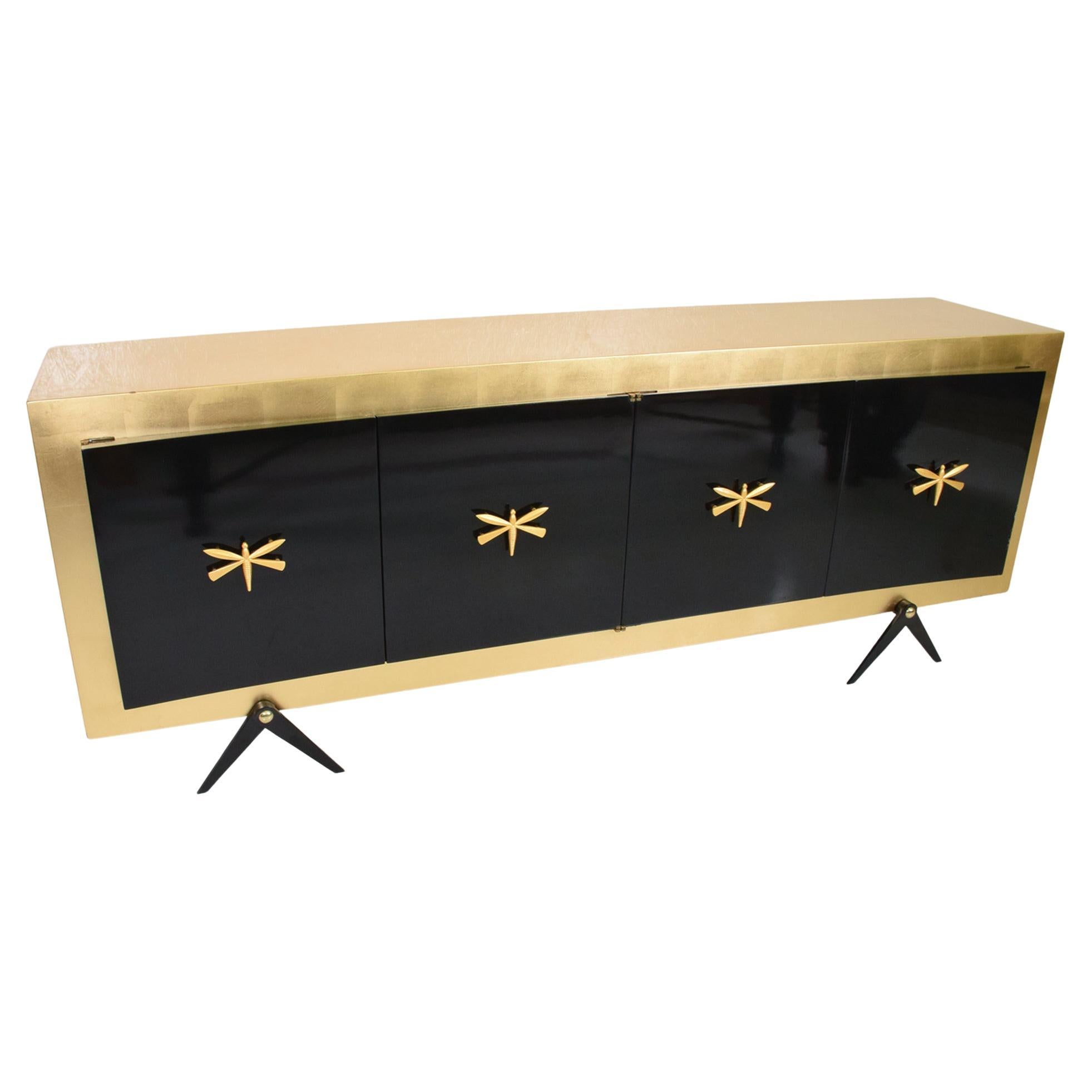 1950s Arturo Pani Black Lacquer and Gold Leaf Dragonfly Credenza
