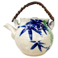 Vintage 1970s Modern Japanese Pottery Blue White Tea Pot Hand Decorated Cane Handle