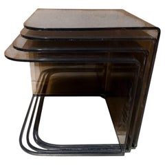 1970s Set of Four Nesting Tables in Satin Black Metal & Smokey Gray