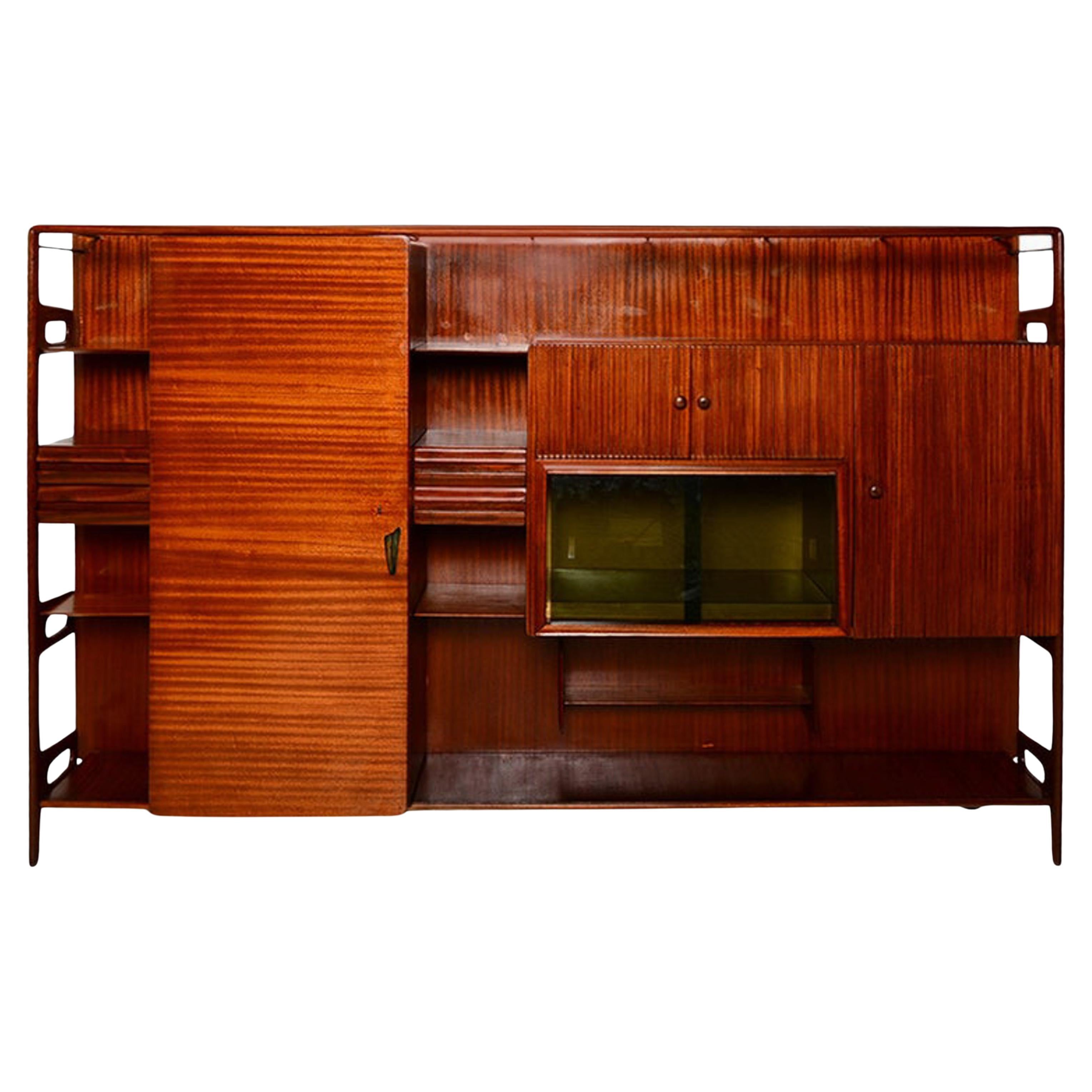 1950s Refined Luxury Grand Wall Unit Fine Sapele Mahogany Vittorio Dassi Italy 