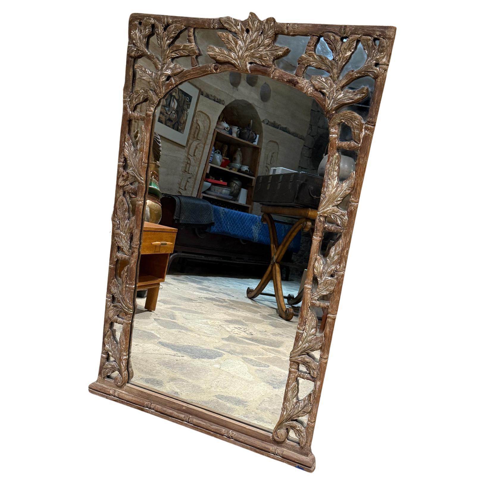 1960s Wall Mirror Hand Carved Faux Bamboo Style of Vivai del Sud