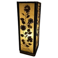 1960s Japanese Wood Lantern Table Lamp Brass Flower Panels
