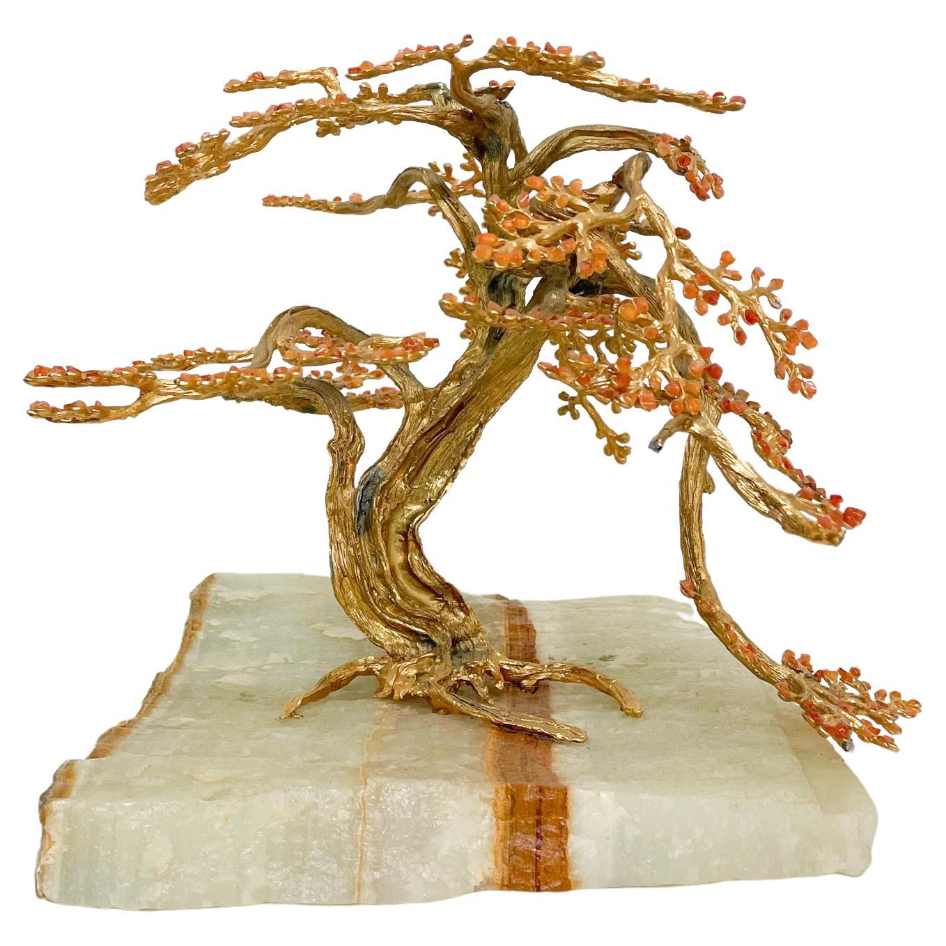 Exquisite Sculptural Modern Bonsai Tree Art in Quartzite Stone & Bronze 1970s