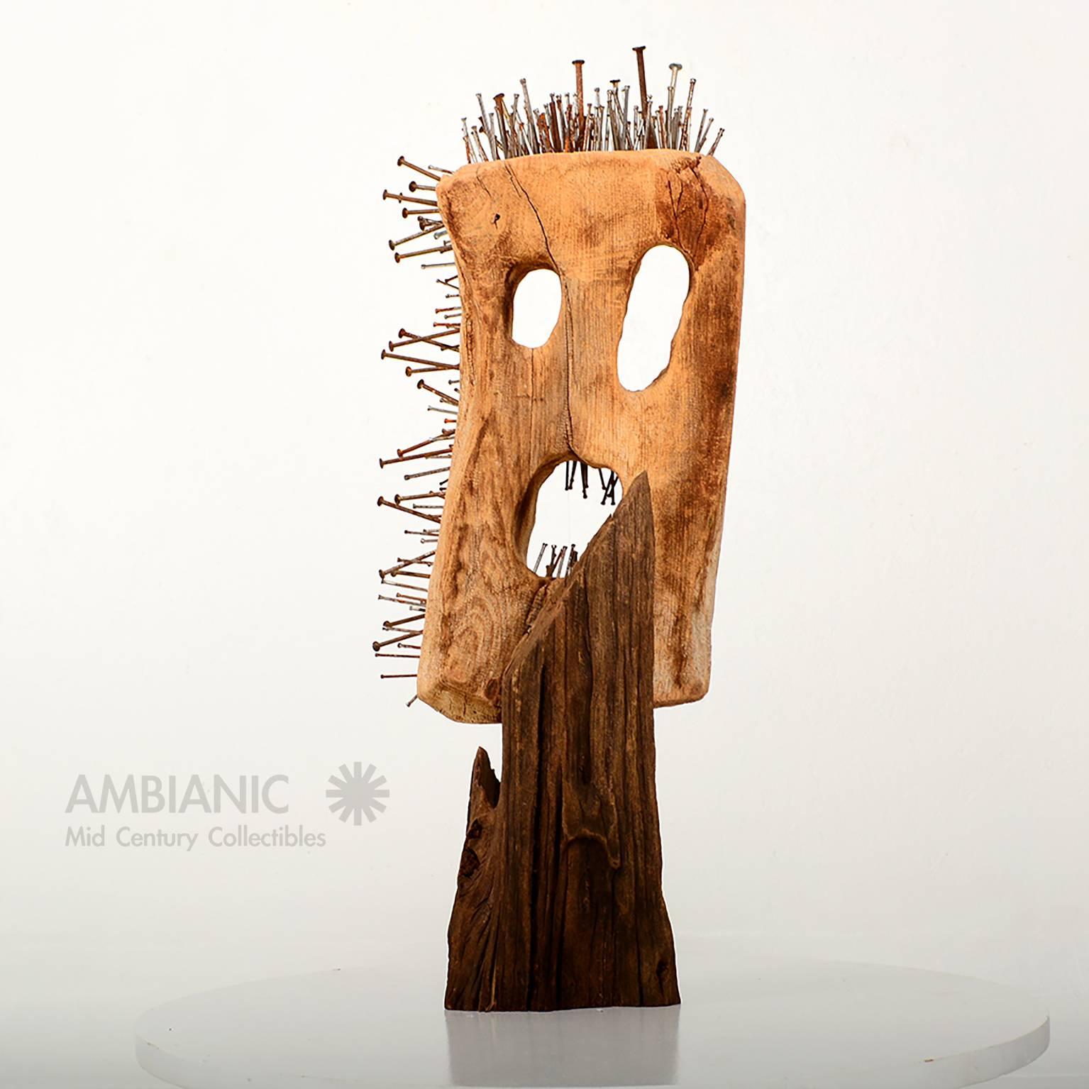 Mid Century Modern Abstract Sculpture Mask, Wood and Nails In Excellent Condition In Chula Vista, CA