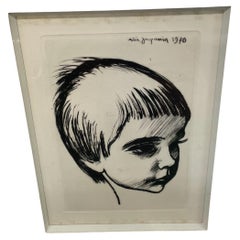 Vintage 1970 Child Pixie Cut Portrait Etching Black and White Headshot Signed