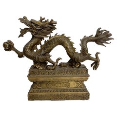 Powerful Chinese Feng Shui Dragon with Ball Bronze Sculpture Ornate Relief
