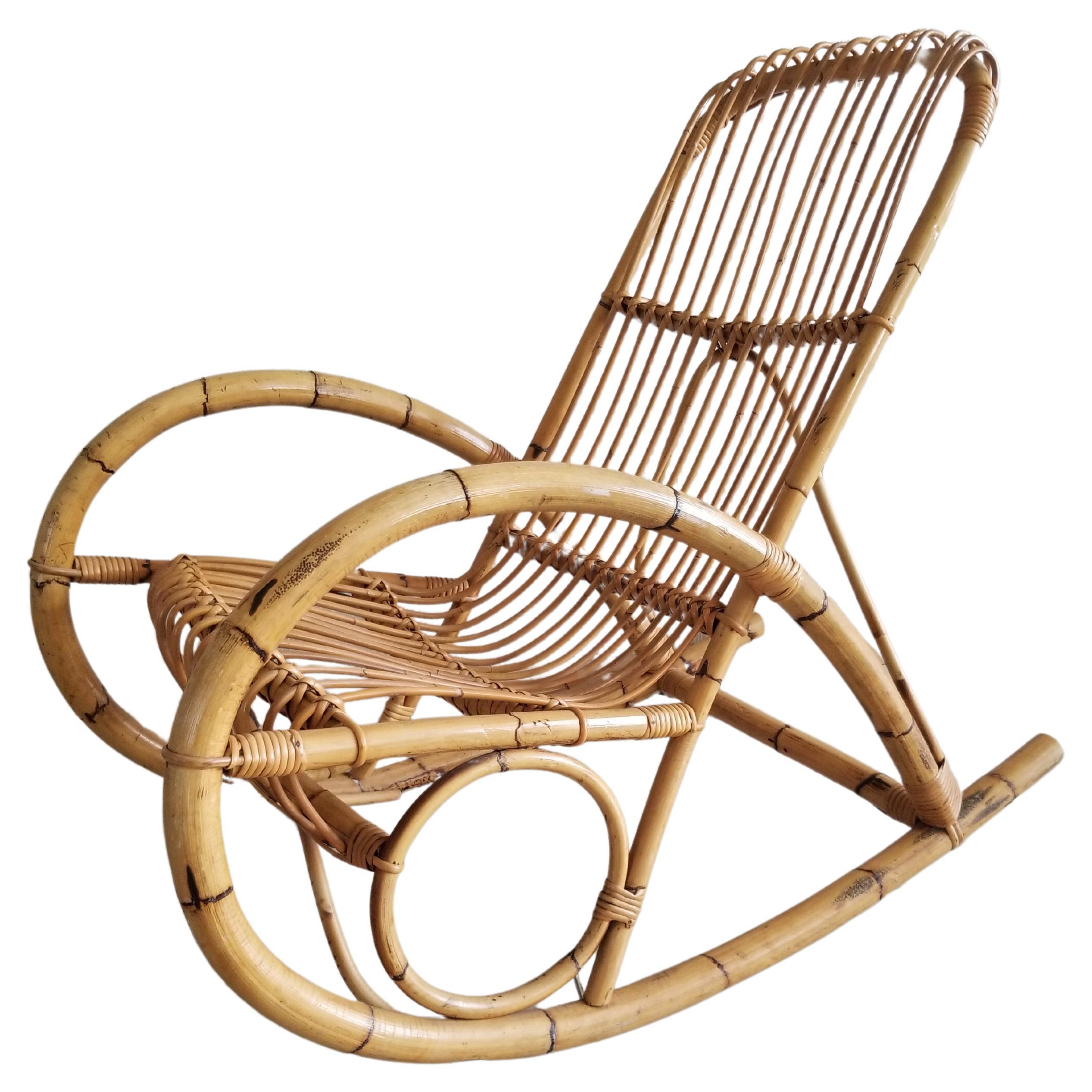 1960s Franco Albini Rocker Lounge Chair Cool Curves Bamboo & Rattan ITALY