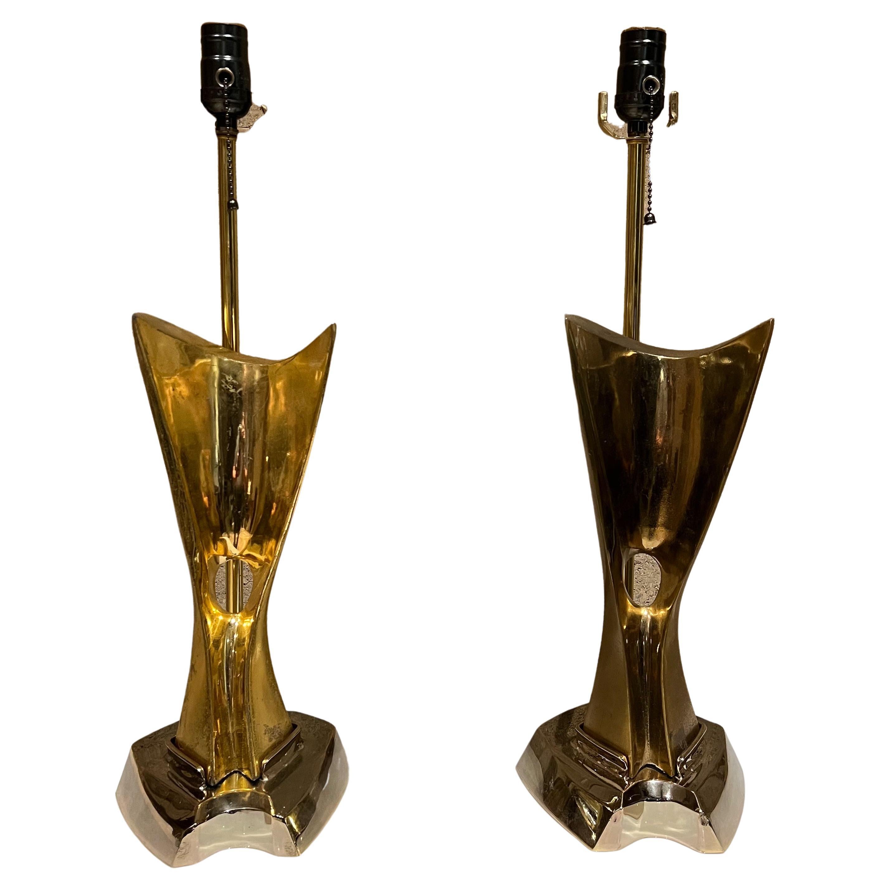 1980s Sculptural Pair of Table Lamps Brutalist Art Sculpture in Patinated Brass For Sale