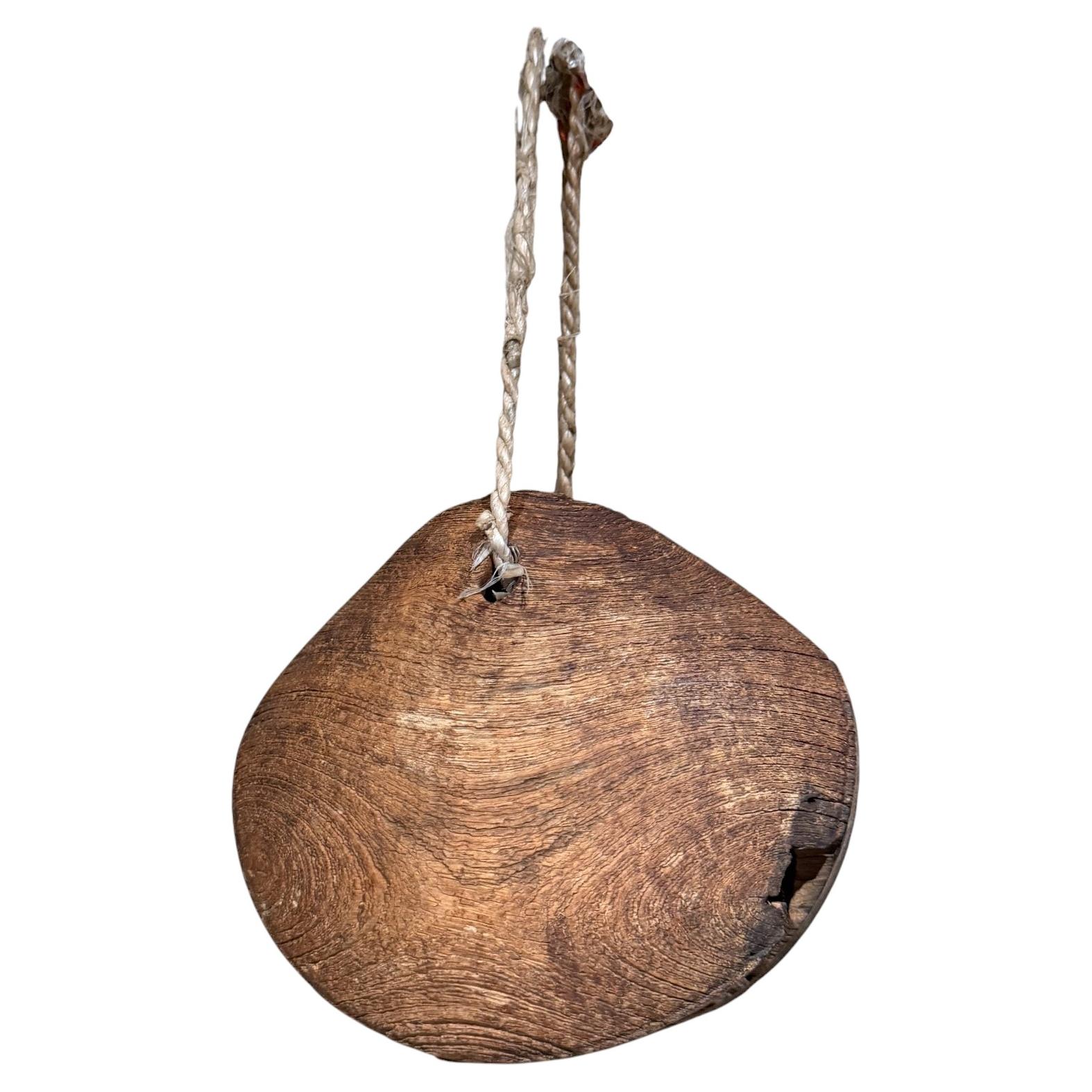Antique Rustic Cow Bell in Solid Oak, Unattributed, 1930s, USA For Sale