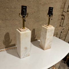 1970s Architectural Modern Pair Marble Square Column Table Lamps in Bisque